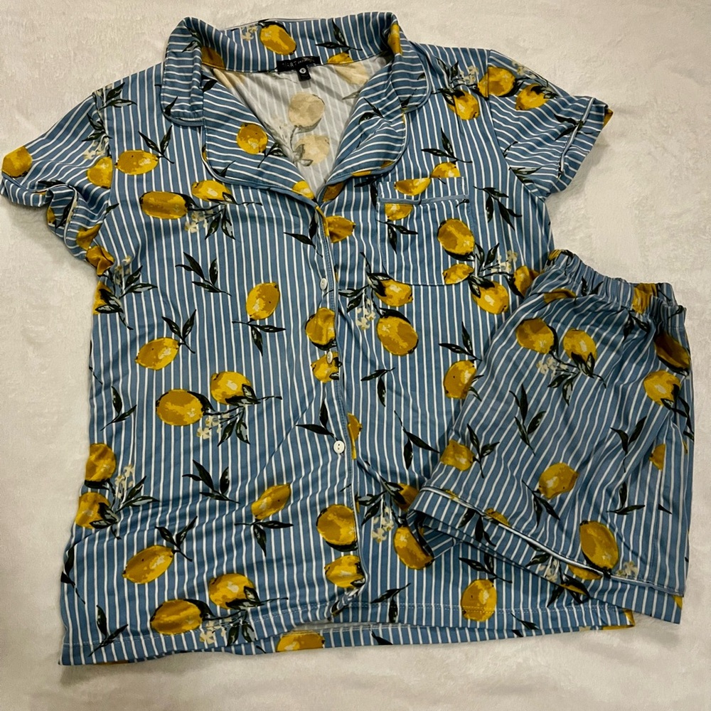 Blue Striped Lemon Print Pajama Set